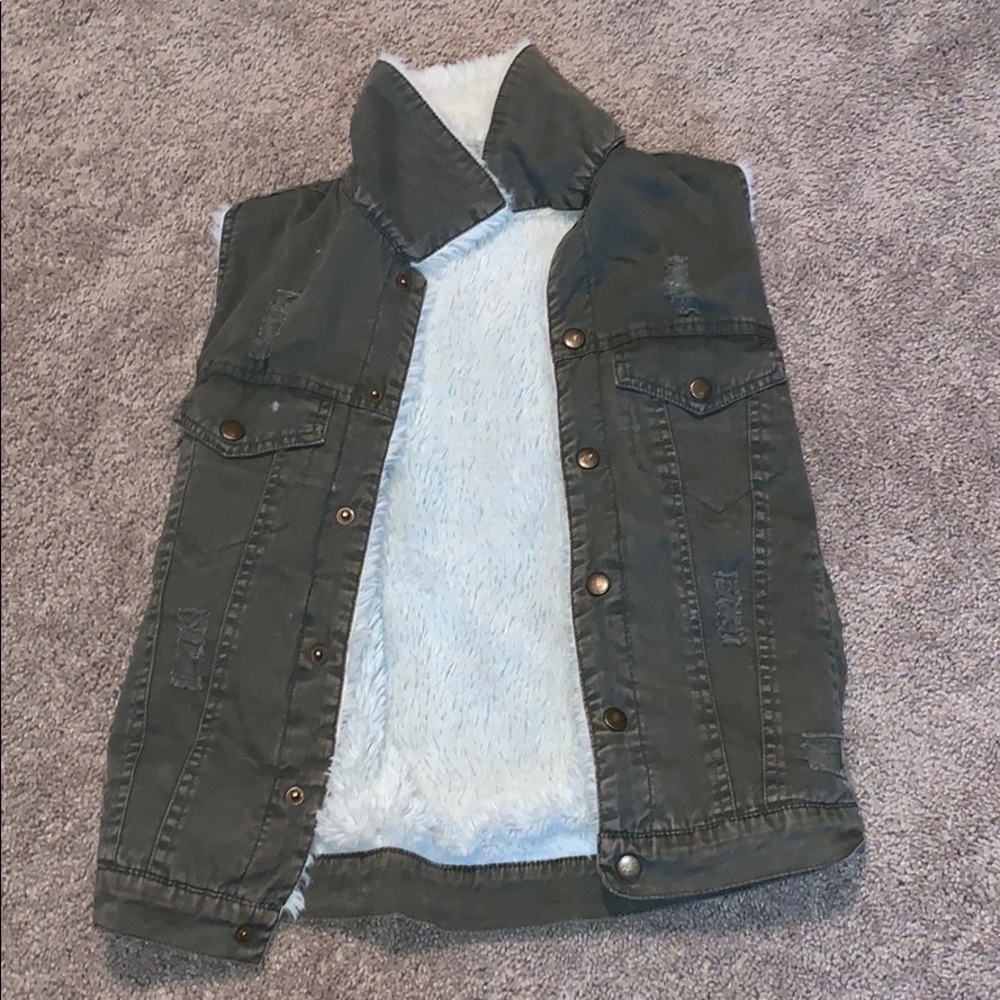 Army Green Denim Fur Vest